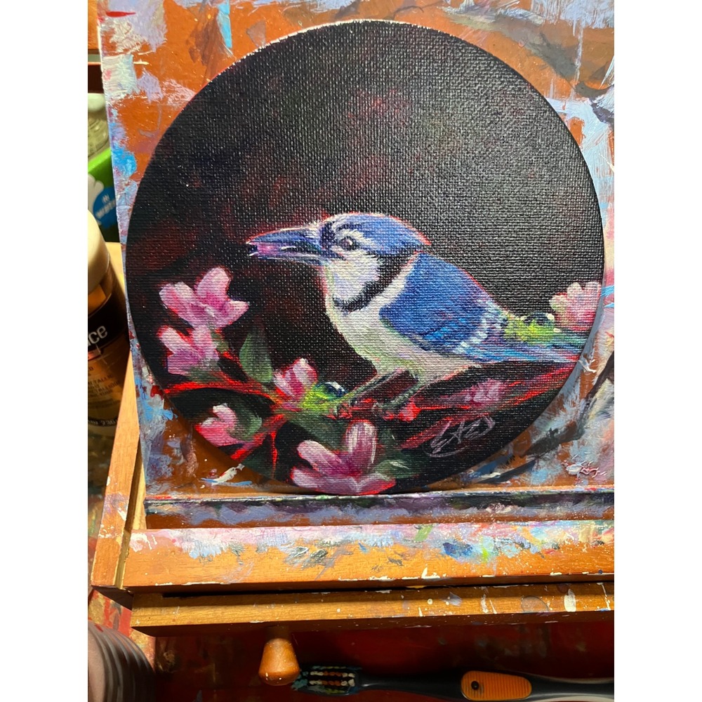 Original Blue Jay painting Friends Round Acrylic Bird Floral 2026 Artettina USA - Picture 4 of 8